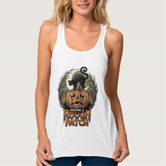 Halloween Pompoen Kat Ruw Patch Vintage Gravure Tanktop (Voorkant)
