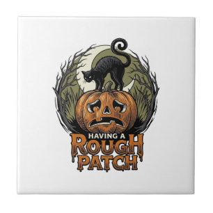 Halloween Pompoen Kat Ruw Patch Vintage Gravure Tegeltje