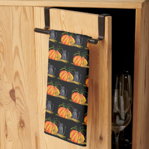 Halloween Pompoen Kat Schattige Patroon Oranje Her Theedoek