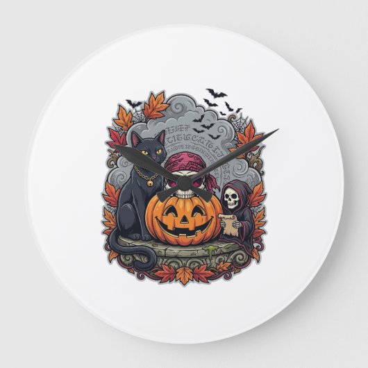 Halloween Pompoen Kat Schedel Grim Reaper Herfst B Grote Klok (Voorkant)