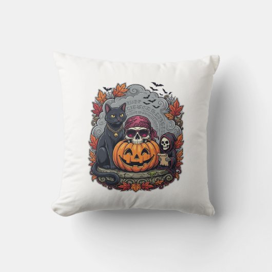 Halloween Pompoen Kat Schedel Grim Reaper Herfst B Kussen (Voorkant)