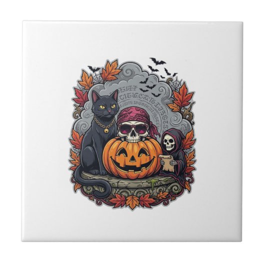 Halloween Pompoen Kat Schedel Grim Reaper Herfst B Tegeltje (Voorkant)