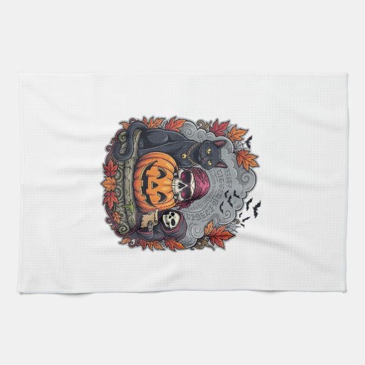 Halloween Pompoen Kat Schedel Grim Reaper Herfst B Theedoek (Horizontaal)