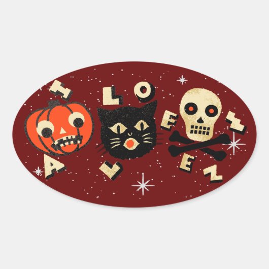 Halloween pompoen kat schedel ovale sticker (Voorkant)