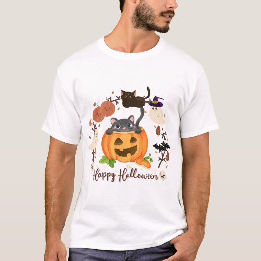 Halloween Pompoen Kat T-shirt (Voorkant)