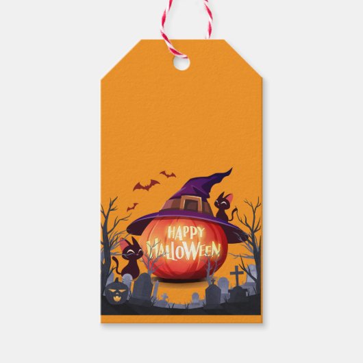 Halloween pompoen, katten en heks ha cadeaulabel (Voorkant)