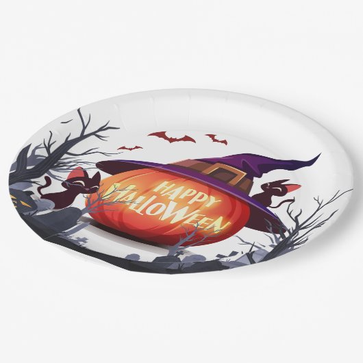 Halloween pompoen, katten en heks ha papieren bordje (Gekanteld)