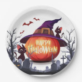 Halloween pompoen, katten en heks ha papieren bordje (Voorkant)