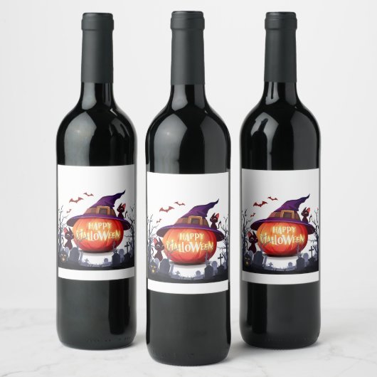 Halloween pompoen, katten en heks ha wijn etiket (Flessen)