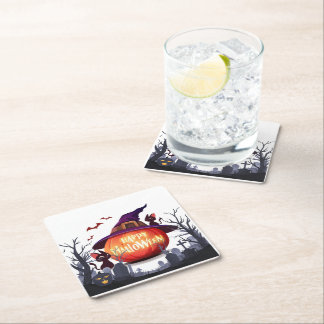 Halloween pompoen, katten en heks kartonnen onderzetters