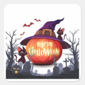 Halloween Pompoen, Katten & Heks Ho Vierkante Sticker (Voorkant)