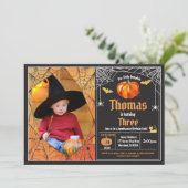 Halloween pompoen kind verjaardagsfeestje foto kaart (Staand voorkant)