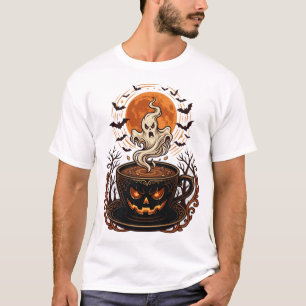 Halloween Pompoen Koffiekop Geest Volle Maan Vleer T-shirt