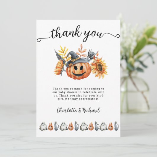 Halloween Pompoen Little Boo Baby Dank je kaart (Staand voorkant)