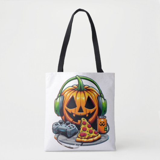 Halloween pompoen met hoofdtelefoon en spelletjes? tote bag (Voorkant)