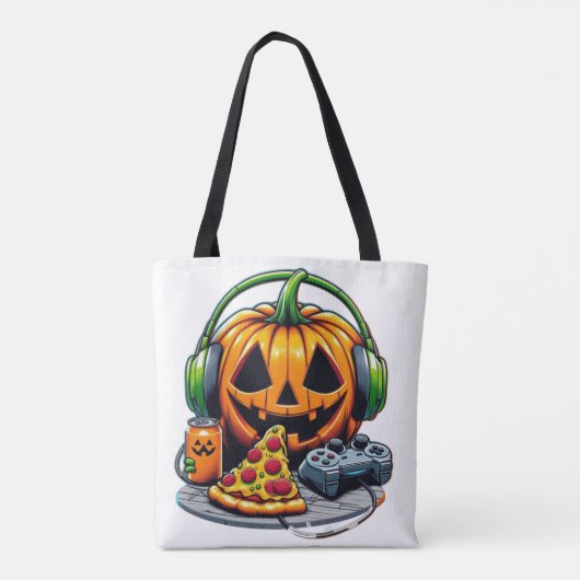 Halloween pompoen met hoofdtelefoon en spelletjes? tote bag (Achterkant)
