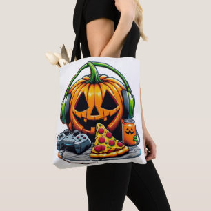 Halloween pompoen met hoofdtelefoon en spelletjes? tote bag