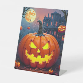 Halloween pompoen met spinnenwebben reclamebord met voetstuk
