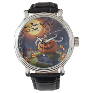 Halloween pompoen op een grafsteen horloge