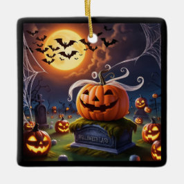 Halloween pompoen op een grafsteen keramisch ornament
