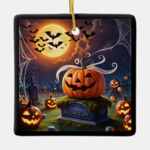 Halloween pompoen op een grafsteen keramisch ornament