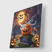 Halloween pompoen op een grafsteen vierkante klok (Hoek)