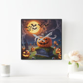 Halloween pompoen op een grafsteen vierkante klok (Huis)