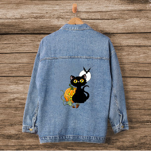 Halloween pompoen Paarse zwarte kat Denim Jacket