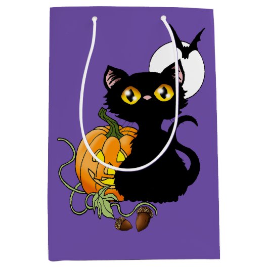 Halloween pompoen Paarse zwarte kat Medium Cadeauzakje (Voorkant)