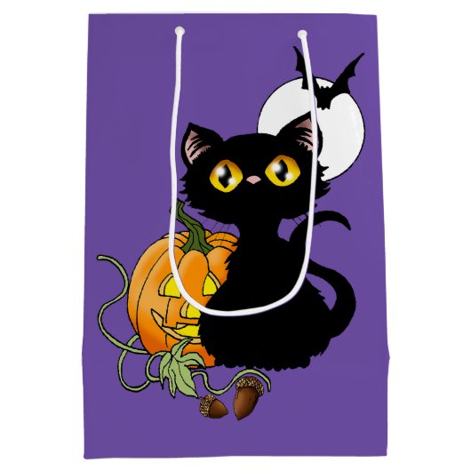 Halloween pompoen Paarse zwarte kat Medium Cadeauzakje (Achterkant)