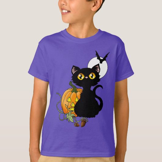 Halloween pompoen Paarse zwarte kat T-shirt (Voorkant)