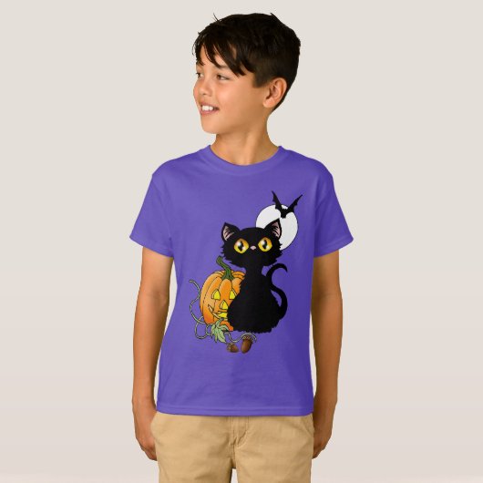 Halloween pompoen Paarse zwarte kat T-shirt (Voorkant volledig)