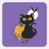 Halloween pompoen Paarse zwarte kat Vierkante Sticker (Voorkant)