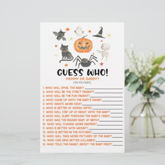 Halloween pompoen raad eens wie! Baby shower spel Briefpapier (Staand voorkant)