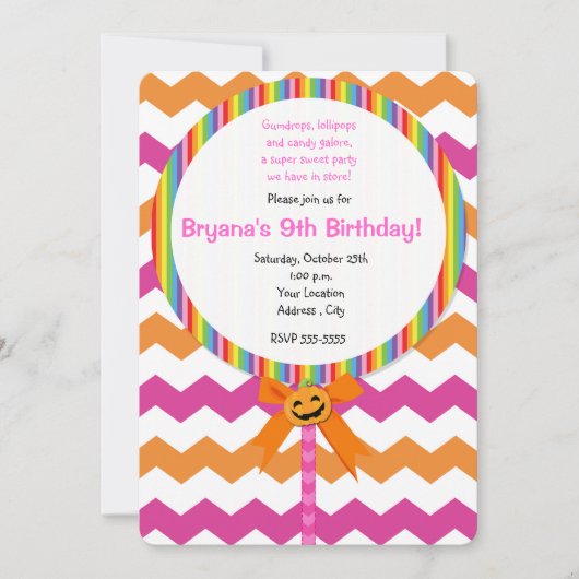 Halloween pompoen roze Chevron Lollipop uitnodigin Kaart (Voorkant)