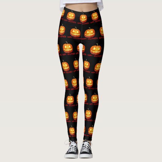Halloween Pompoen Scary Schattige Patroon Oranje H Leggings (Voorkant)