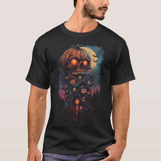 Halloween pompoen schedel met kwade gloeiende ogen t-shirt (Voorkant)