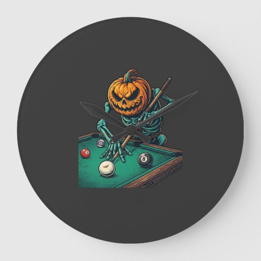 Halloween Pompoen Skelet Speelt Pool Biljart Grote Klok (Voorkant)