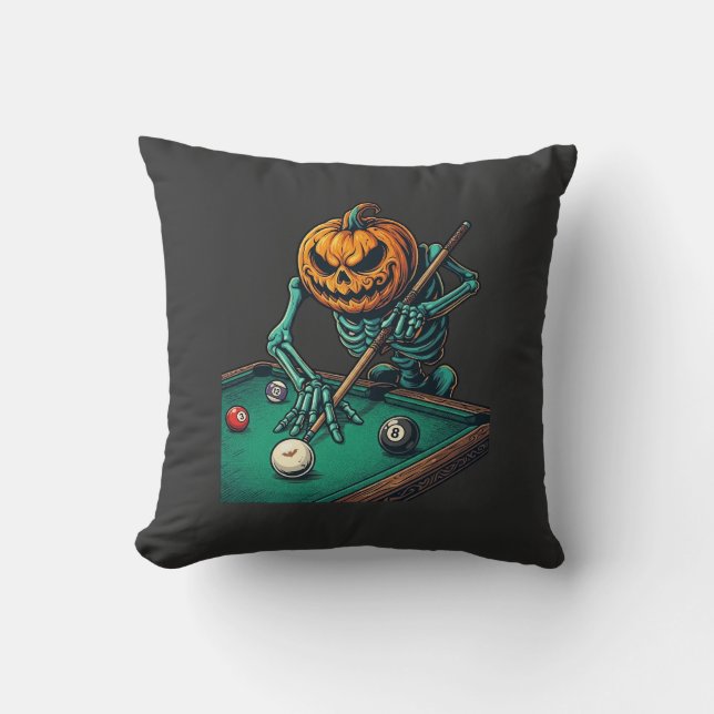 Halloween Pompoen Skelet Speelt Pool Biljart Kussen (Voorkant)