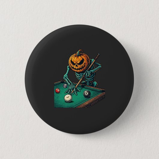 Halloween Pompoen Skelet Speelt Pool Biljart Ronde Button 5,7 Cm (Voorkant)