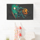 Halloween Pompoen Skelet Speelt Pool Biljart Spandoek (Insitu)