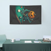 Halloween Pompoen Skelet Speelt Pool Biljart Spandoek (Beurs)