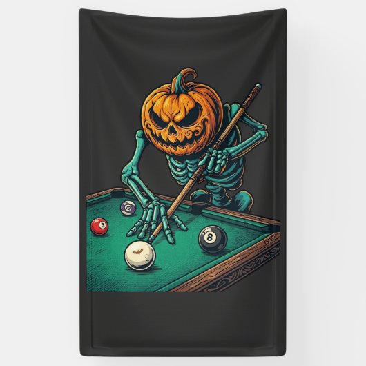 Halloween Pompoen Skelet Speelt Pool Biljart Spandoek (Verticaal)