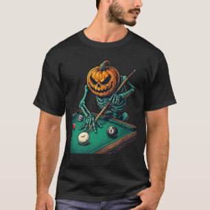 Halloween Pompoen Skelet Speelt Pool Biljart T-shirt