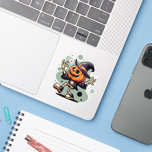 Halloween pompoen skelet sticker (Laptop met iPhone)