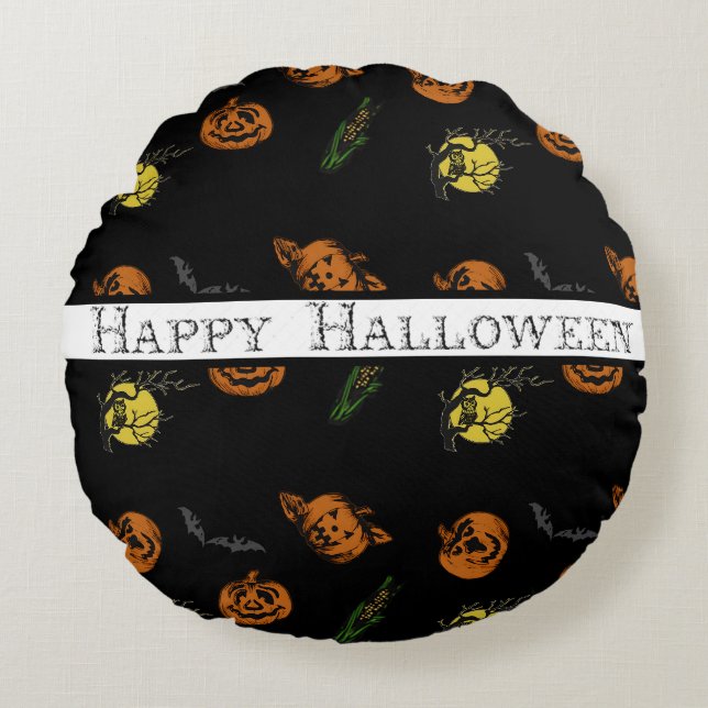 Halloween/pompoen/slagpijpje Rond Kussen (Voorkant)
