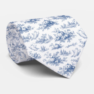 Halloween Pompoen Spook Toile de Jouy Patroon Blau Stropdas