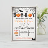 Halloween pompoen twins boy coed douche rustige kaart (Staand voorkant)