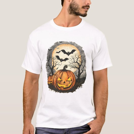Halloween Pompoen & Vleermuizen T-Shirt (Voorkant)