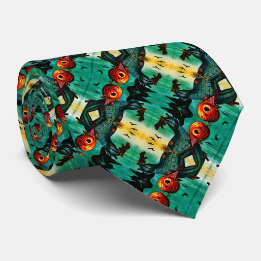 Halloween pompoen vogelverschrikker satijn streep stropdas (Opgerold)